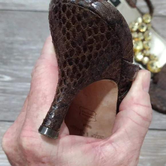 White House Black Market brown leather python print sandals. Size 8.5. mint - Picture 6 of 12
